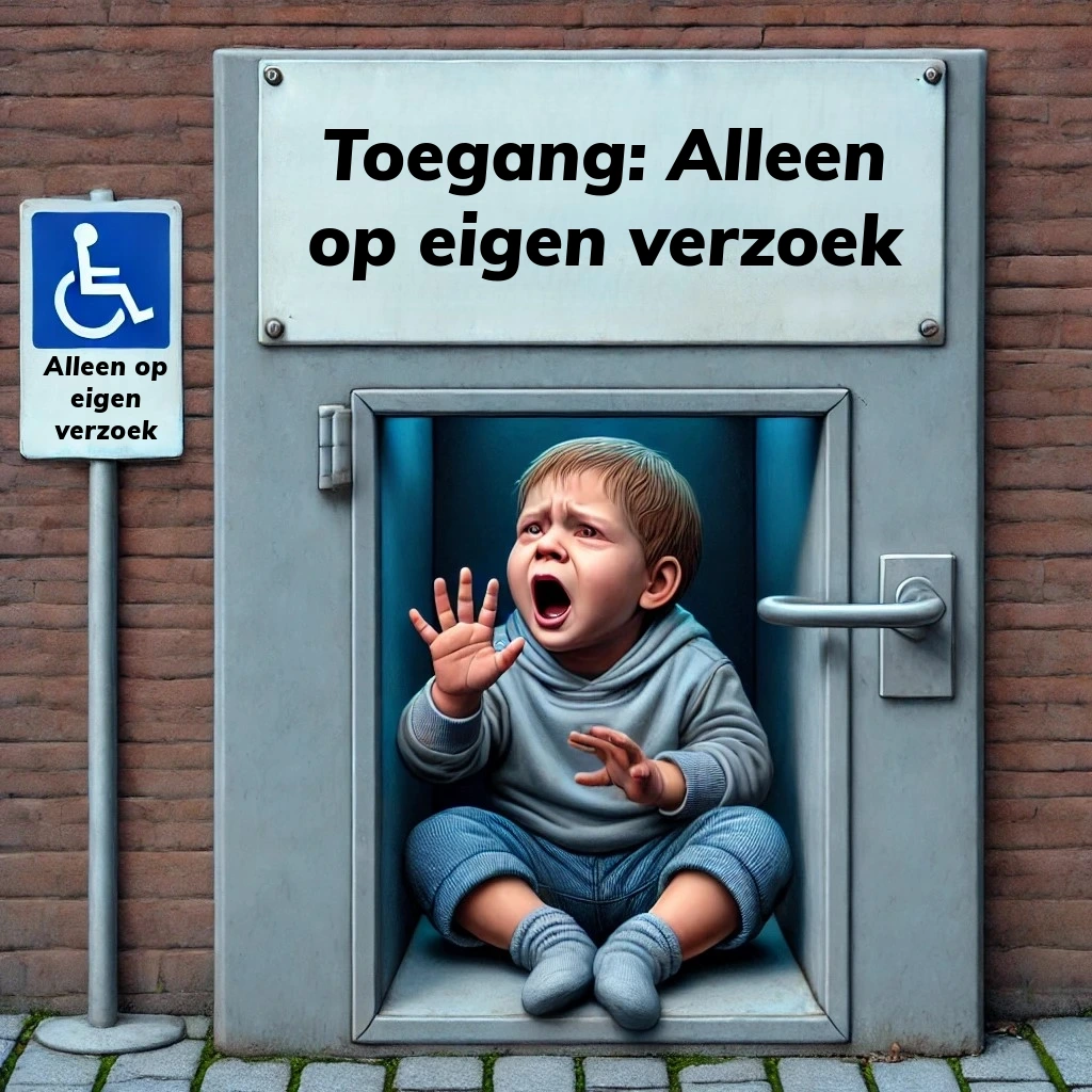 Cartoon van een kind dat hulp probeert te roepen vanuit een afgesloten ruimte met een bordje "Alleen toegankelijk op eigen verzoek".