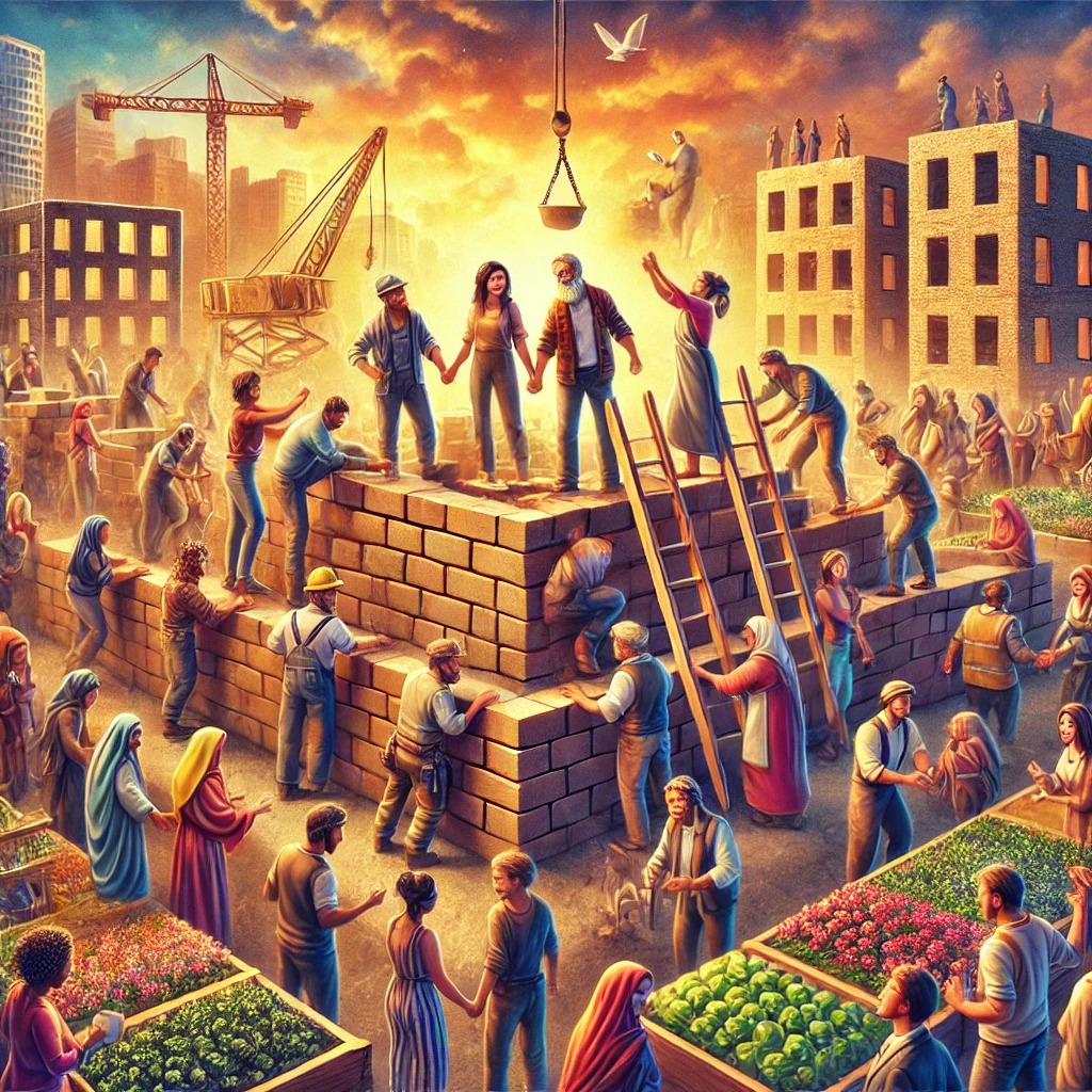 Cartoon van diverse individuen die samen een stevig fundament bouwen, symbool voor een op waarden gebaseerde samenleving.