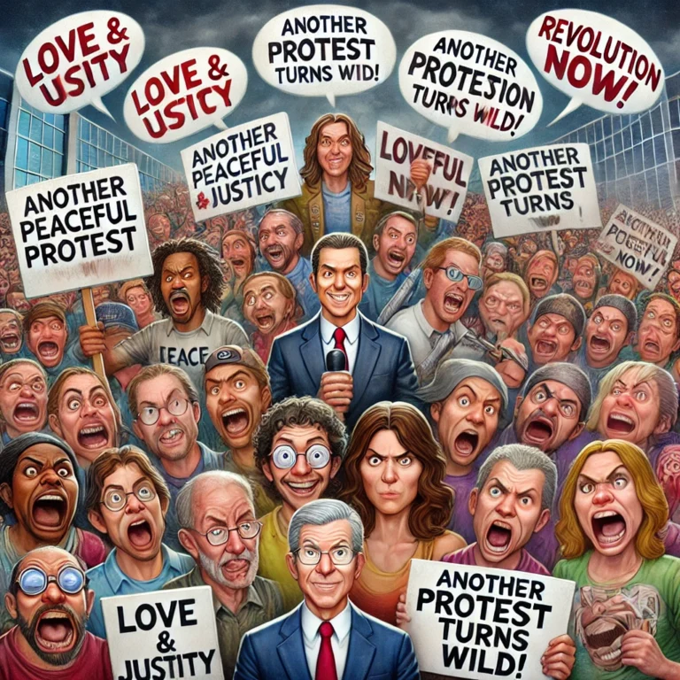 Een satirische cartoon waarin vredige activisten transformeren in een boze menigte, terwijl een verwarde protester beide kanten probeert te kiezen. Op de achtergrond een nieuwslezer met een ironische blik, die de chaos verslaat.