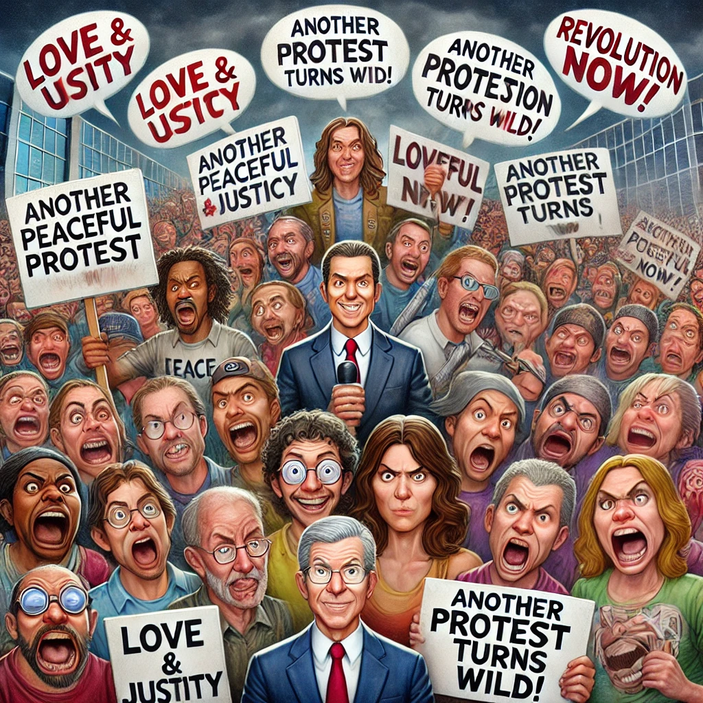 Een satirische cartoon waarin vredige activisten transformeren in een boze menigte, terwijl een verwarde protester beide kanten probeert te kiezen. Op de achtergrond een nieuwslezer met een ironische blik, die de chaos verslaat.