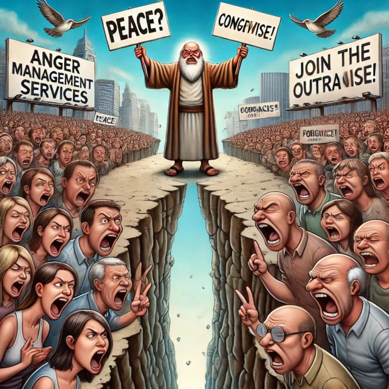 Een humoristische en ironische cartoon waarin twee groepen tegenover elkaar staan aan weerszijden van een diepe kloof, luid roepend. In het midden probeert een wijze oude man met een groot ‘Vergeving’-bord de kloof te overbruggen, terwijl vogels erboven ‘Vrede?’ en ‘Compromis?’ in spandoeken dragen. Op de achtergrond een stad met satire-billboards over woedebeheer en het ‘meedoen met verontwaardiging’.