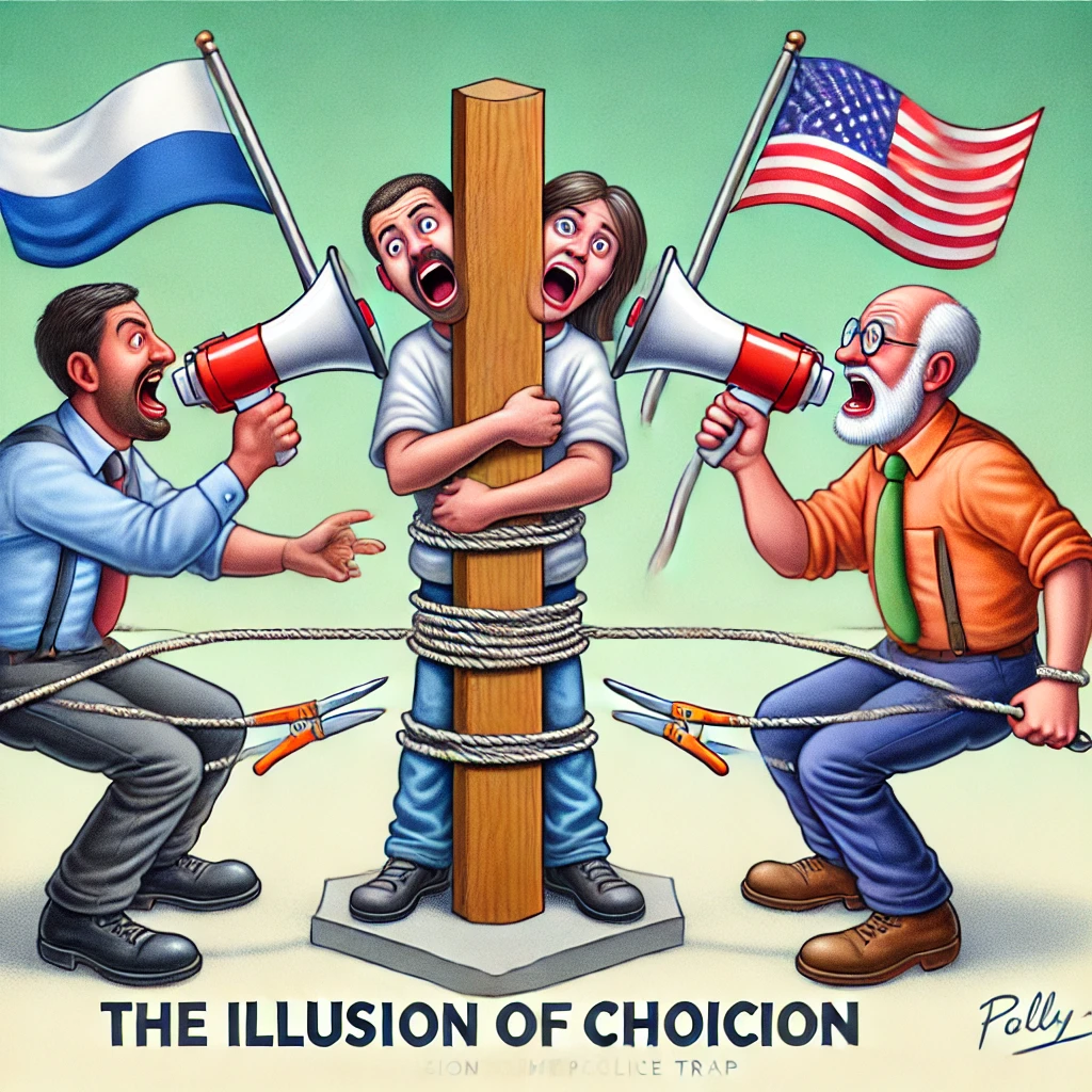 Cartoon waarin twee vastgebonden mensen discussiëren met megafonen terwijl een derde persoon de touwen doorsnijdt.