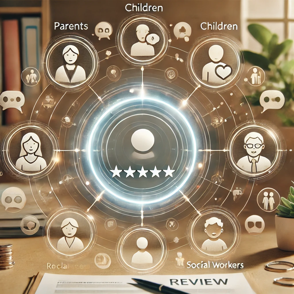 Illustratie van een feedbacksysteem voor de Raad voor de Kinderbescherming, waarin ouders, kinderen en hulpverleners via communicatiebubbels en reviews met elkaar verbonden zijn.