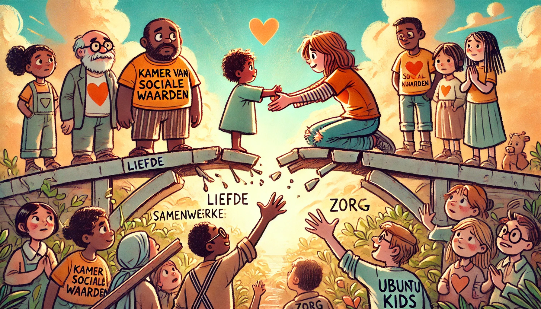 Cartoon van een ouder en kind gescheiden door een gebroken brug, terwijl mensen samen bouwen aan een nieuwe verbinding op basis van liefde en zorg.