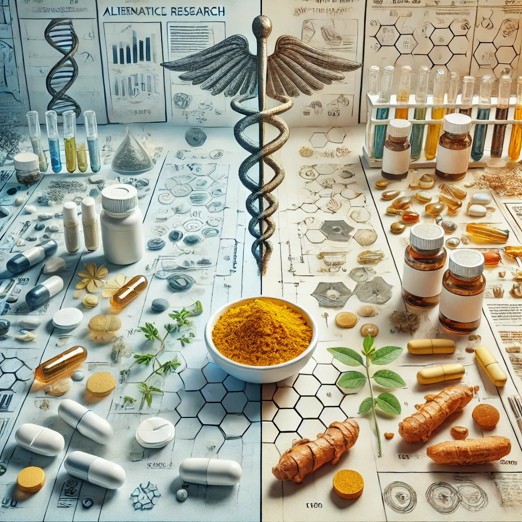 Een artistieke weergave van alternatieve medische innovatie, met een contrast tussen farmaceutische pillen en natuurlijke supplementen zoals kurkuma, vitaminecapsules en kruidenextracten. Op de achtergrond wetenschappelijke documenten, een microscoop en DNA-strengen, die de brug tussen reguliere en alternatieve geneeskunde symboliseren.