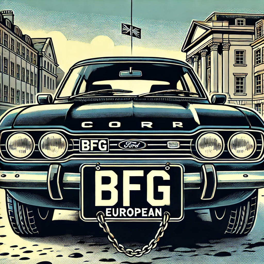 Cartoonstijl-afbeelding van een klassieke Ford Capri met een zwart BFG-nummerbord en witte blokletters, geparkeerd in een Europese stad.