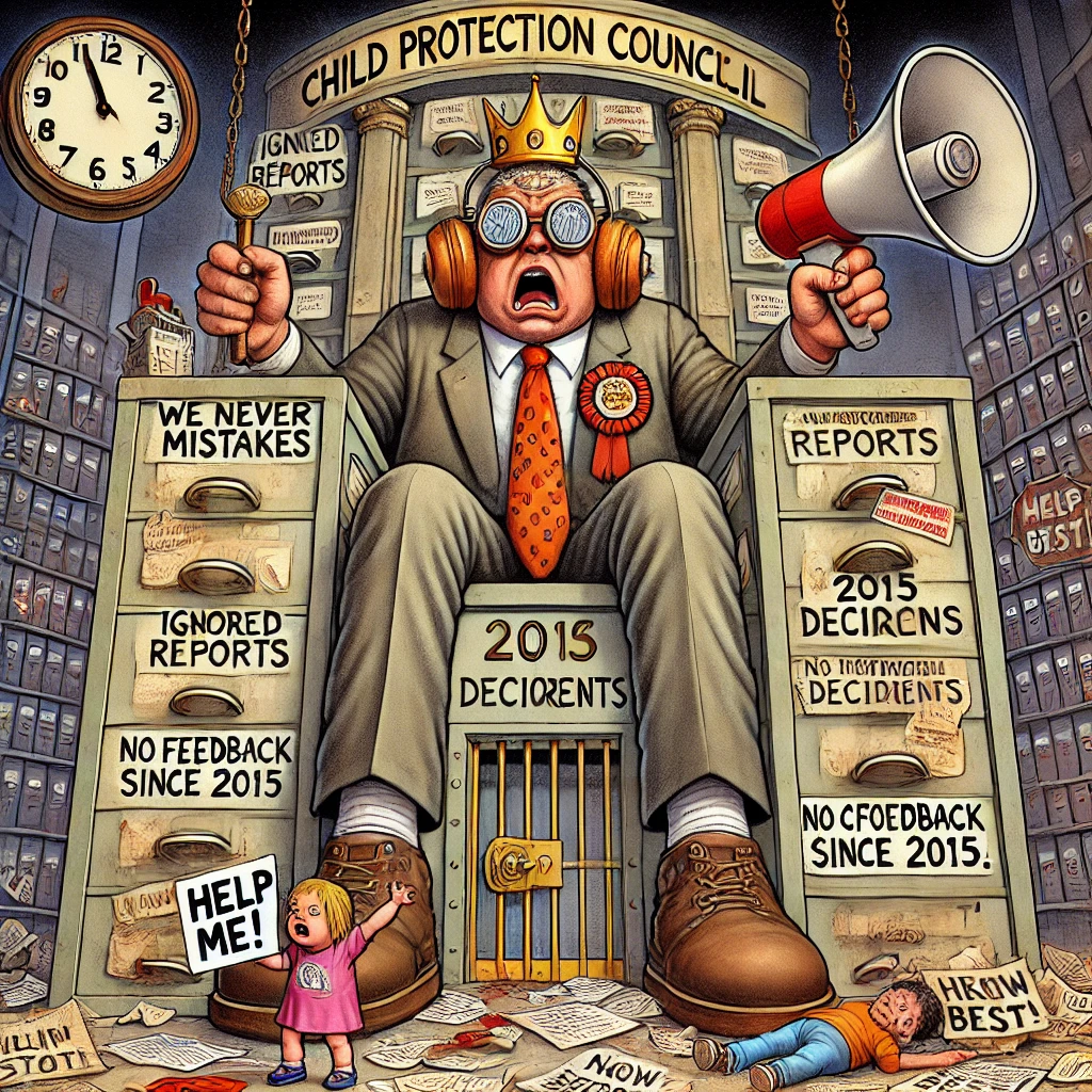 Satirische illustratie van bureaucratische onverschilligheid: een Raad voor de Kinderbescherming-medewerker verbergt dossiers onder een tapijt terwijl een kind huilt op de achtergrond.
