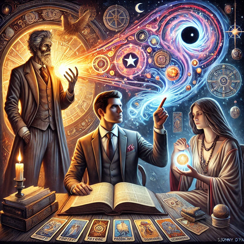 Een satirische illustratie waarin een waarheidsverteller met een strak pak en grafieken absolute feiten claimt, terwijl een toekomstvoorspeller in mystieke gewaden een apocalyptische visie uit een kristallen bol schetst. Ondertussen legt een kaartlegger omringd door zwevende tarotkaarten kalm symboliek uit aan een aandachtige luisteraar.