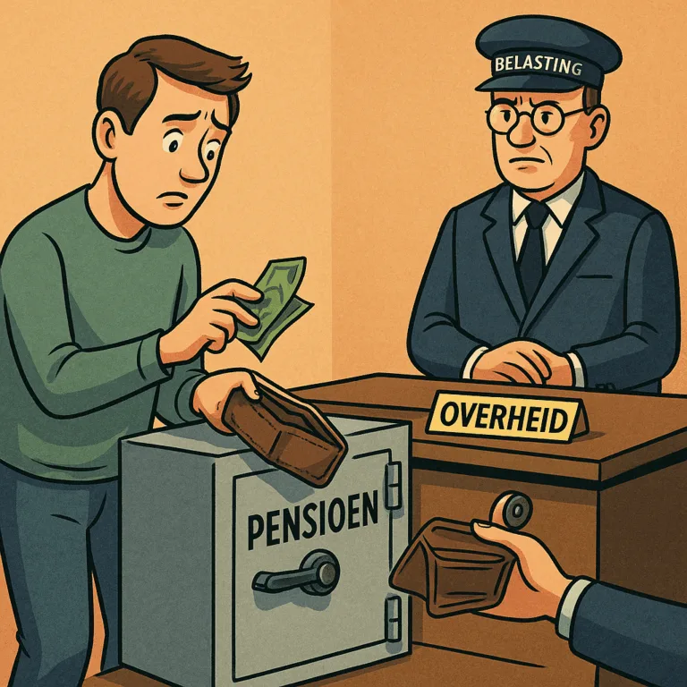 Persoon stopt geld in overheidskluis met label 'pensioen' en ontvangt een lege portemonnee, met belastingambtenaar op de achtergrond.