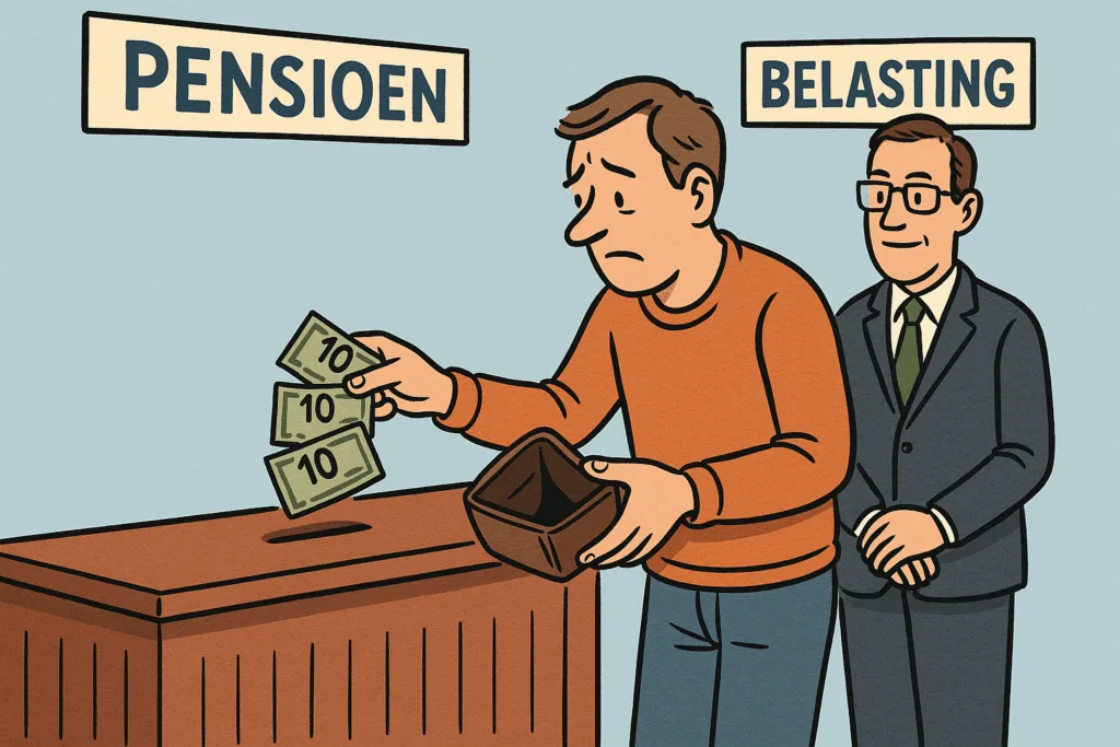 Persoon betaalt drie keer voor pensioen en ontvangt een lege portemonnee, met belastingambtenaar op de achtergrond.