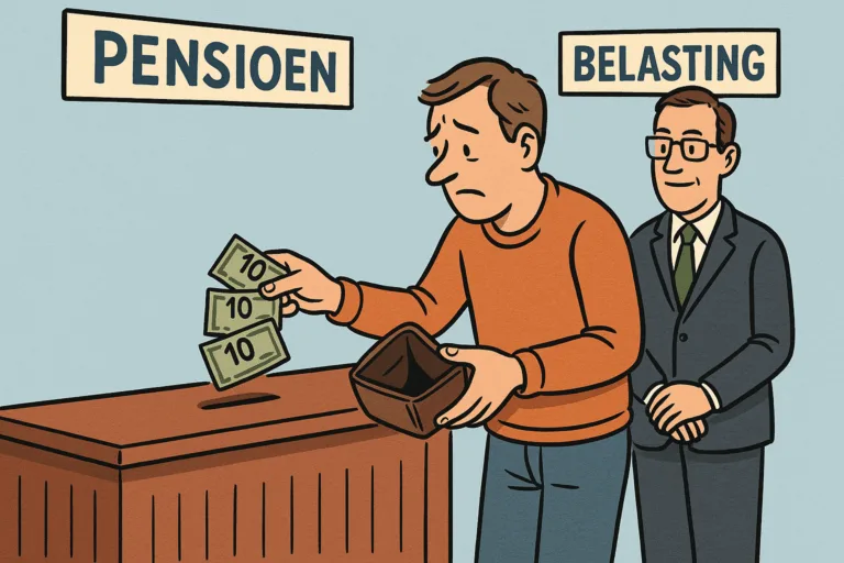 Persoon betaalt drie keer voor pensioen en ontvangt een lege portemonnee, met belastingambtenaar op de achtergrond.