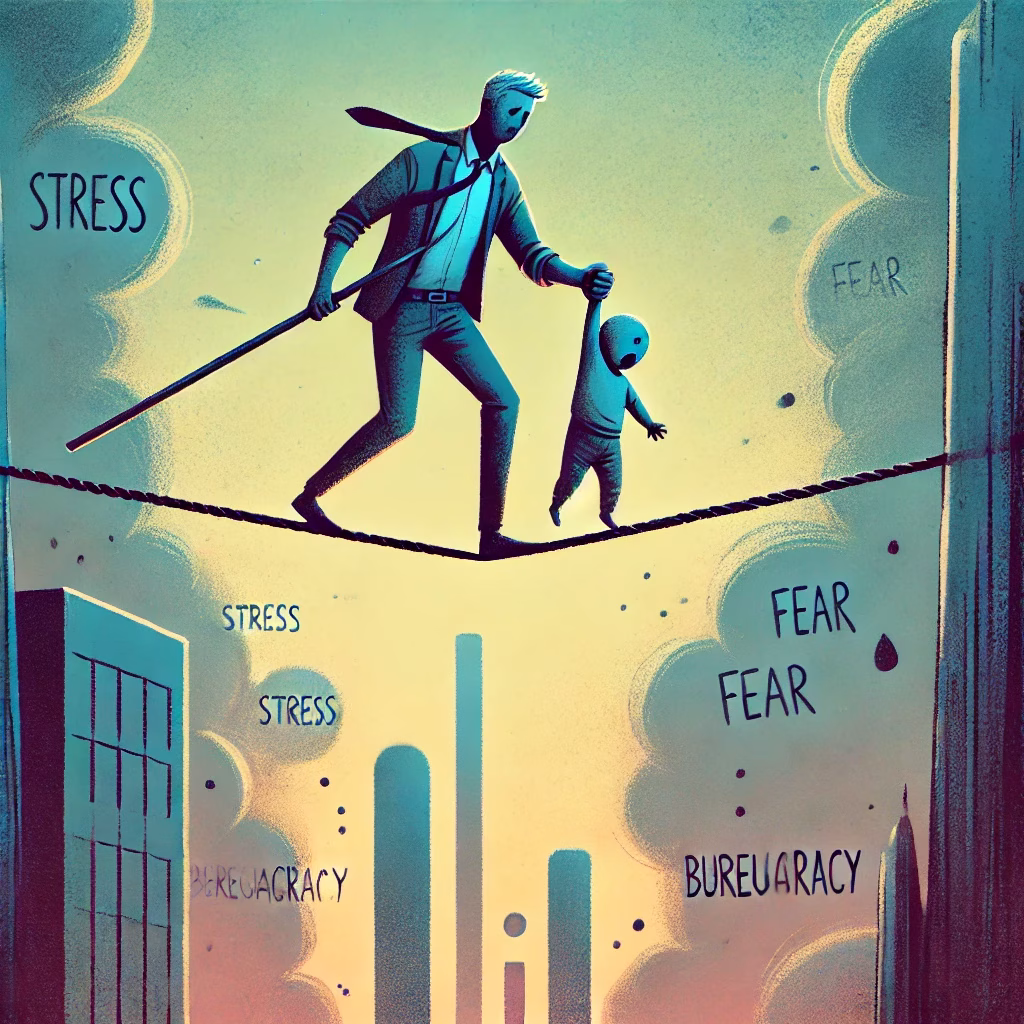 Een cartoonstijl afbeelding van een ouder die op een slappe koord balanceert met een kind aan de hand, hoog boven labels als βjeugdzorgβ, βrechtbankβ en βschuldgevoelβ. De ouder oogt moe maar vastberaden, het kind kijkt vol vertrouwen omhoog.