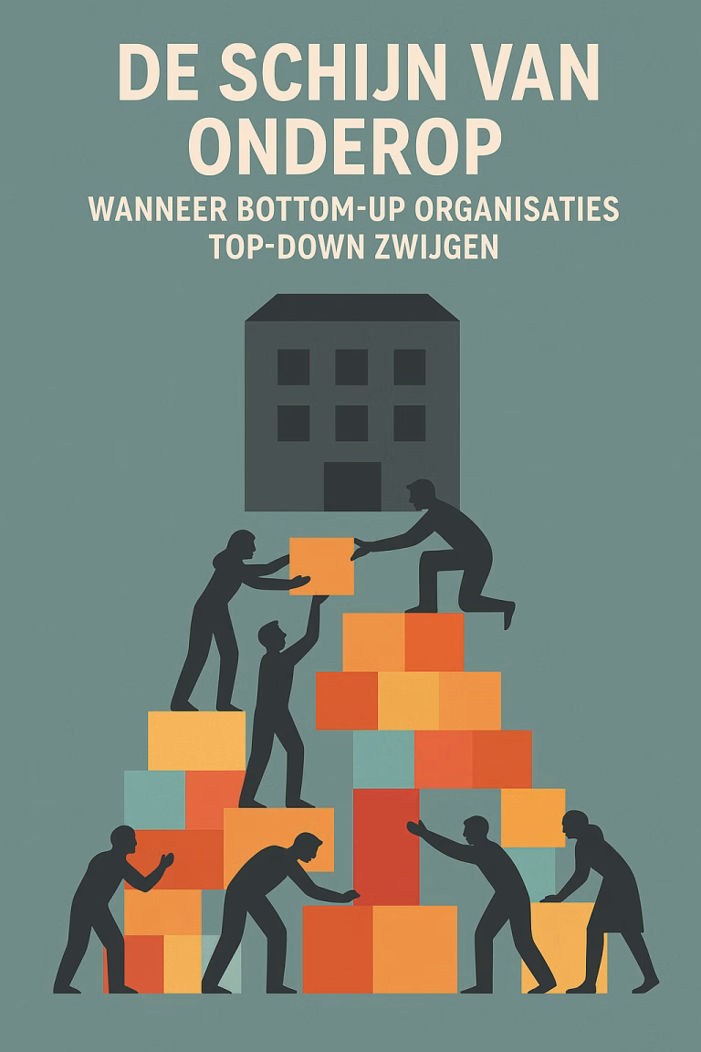 Mensen bouwen gezamenlijk een kleurrijke blokstructuur onder een gesloten, donker kantoorgebouw dat de disconnectie tussen bottom-up initiatieven en onbereikbare organisaties symboliseert.