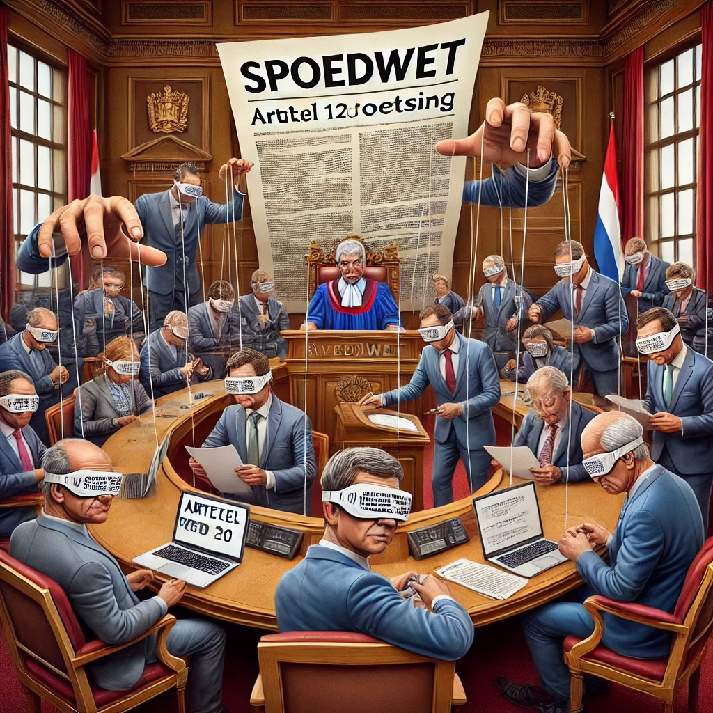 Cartoon van Tweede Kamerleden als marionetten aan touwtjes van een spoedwet, met een stapel grondwetten als voetenbank voor een slapende rechter.