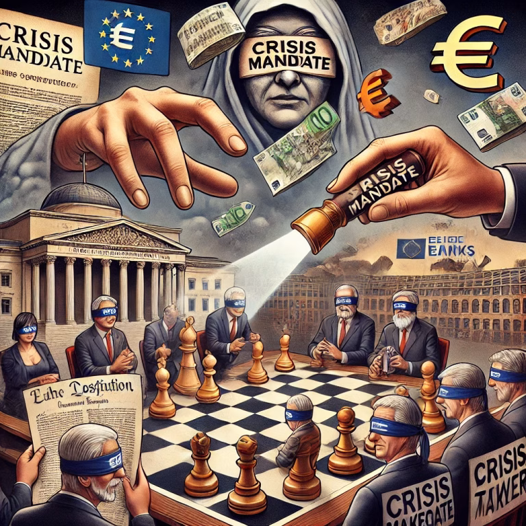 Cartoon van een onzichtbare hand met het label 'Crisis Mandate' die schaakstukken verplaatst op een beleidsbord, met geblinddoekte politici en eurobiljetten uit een wolk.
