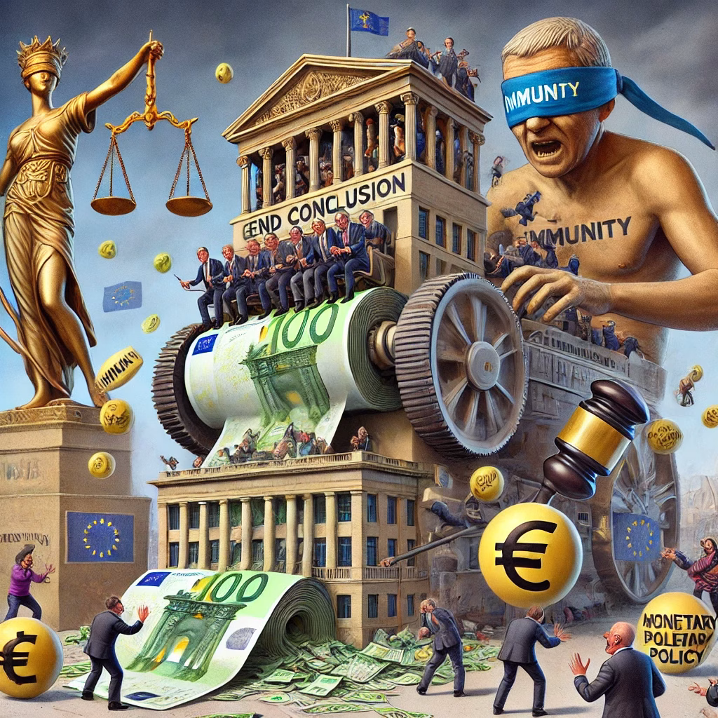 Cartoon van een overheidsgebouw dat geld en wetten print, politici op geldritten, burgers die zeepbellen proberen te vangen met grondrechten erop, en een ECB-marionettenspeler boven alles.