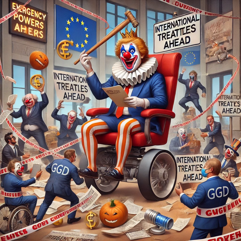 Cartoonachtige afbeelding van een demissionair kabinet als chaotisch circus, waarin politici wetten, geld en macht jongleren.