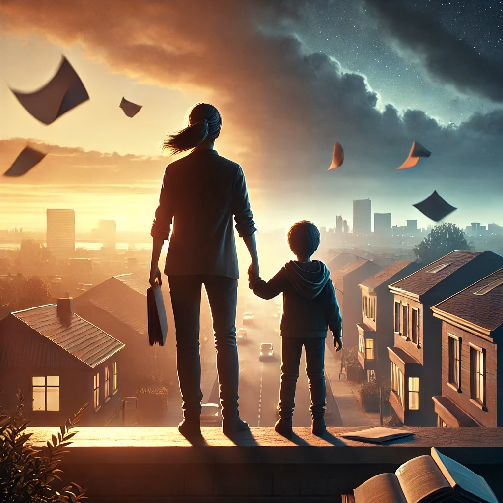 Een ouder houdt de hand van een kind vast terwijl ze samen uitkijken over een stad bij zonsopkomst. Papieren waaien door de lucht en een open notitieboek wordt vastgehouden. De lucht kleurt van donker naar licht.