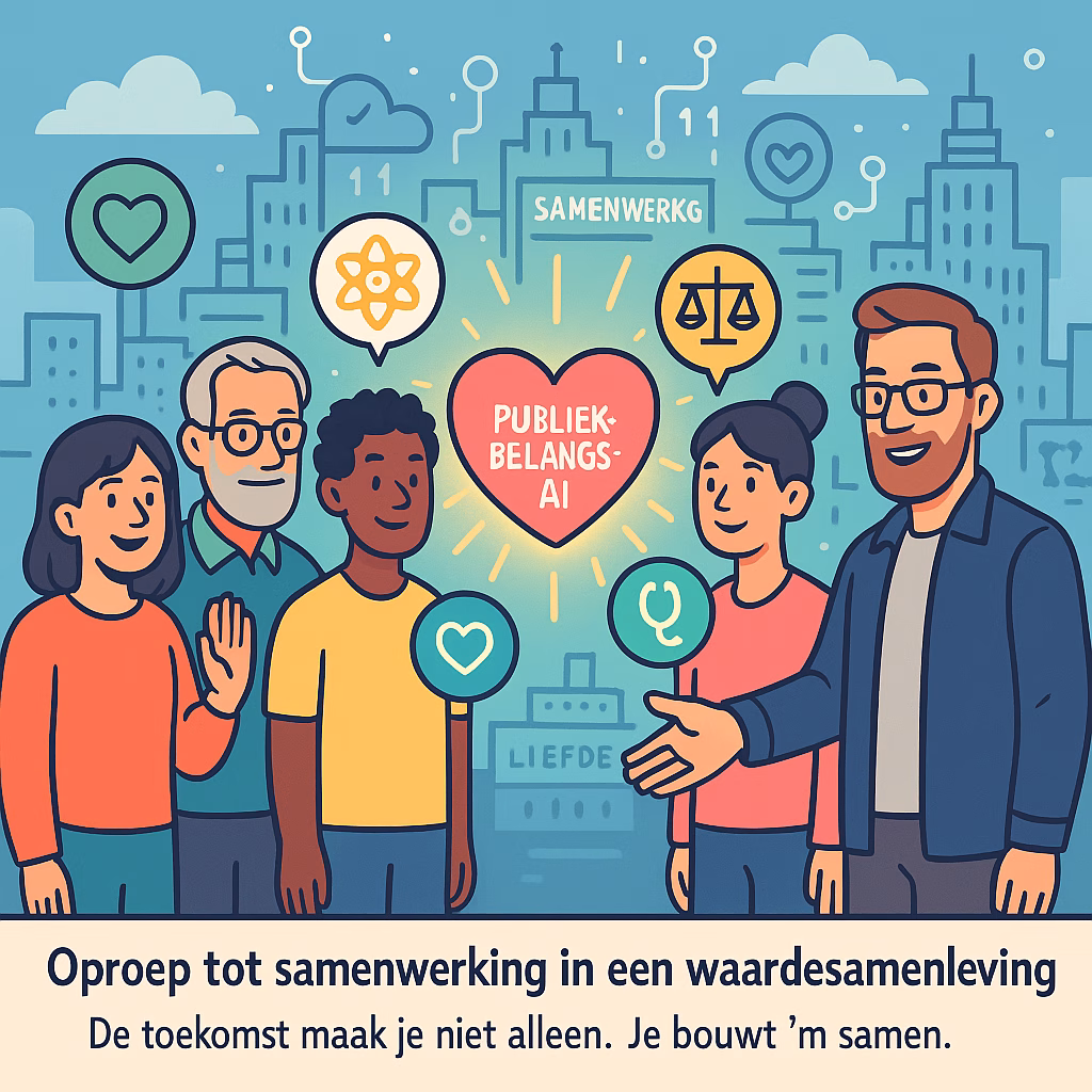 Een groep mensen staat in een kring, elk met een icoon boven hun hoofd (technologie, onderwijs, recht, zorg, etc.). In het midden zweeft een AI in de vorm van een hartvormige lichtbol met het label: “Publiekbelangs-AI”. Op de achtergrond een digitale stad gebouwd op fundamenten van waarden (liefde, samenwerking, vertrouwen). Alexander staat aan de rand en reikt uitnodigend zijn hand uit.