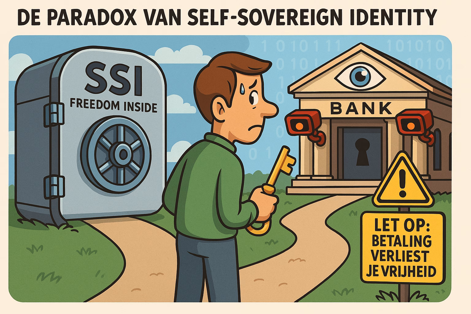Een figuur staat met een sleutel in de hand voor een futuristische kluis met daarop "SSI – Freedom Inside". Achter hem een bankgebouw met scanners en digitale ogen die hem volgen. De figuur kijkt twijfelend: links lonkt autonomie, rechts loert controle. Een bordje op het pad zegt: “Pas op: zodra je betaalt, verlies je je vrijheid.”