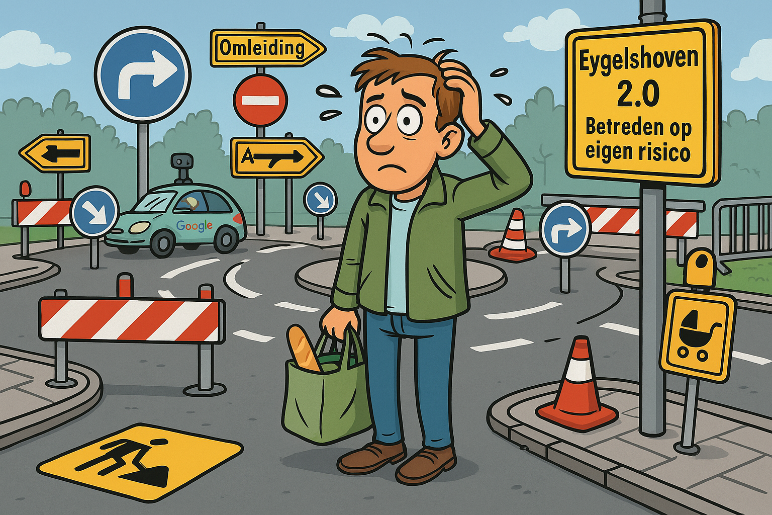 Een man met boodschappentas staat verward midden op een rotonde vol omleidingsborden die elkaar tegenspreken. In de verte rijdt een Google Maps-autootje in cirkels, terwijl een bordje aan de lantaarnpaal hangt: “Welkom in Eygelshoven 2.0 – Betreden op eigen risico”. Op de stoep staat een verkeerskegel op een kinderwagenparkeerplek. Alles is kleurrijk, chaotisch en licht absurdistisch.