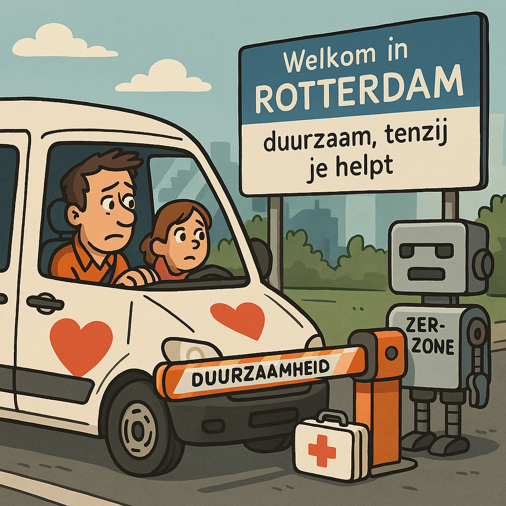 Een bestelbus met een groot hart-logo op de zijkant wordt tegengehouden bij de toegangspoort van de ZE-zone door een robotische slagboom met het label “DUURZAAMHEID”. In de bus zit een bezorgde hulpverlener met een kind en een EHBO-kist. Op de achtergrond hangt een billboard: “Welkom in Rotterdam – duurzaam, tenzij je helpt.”