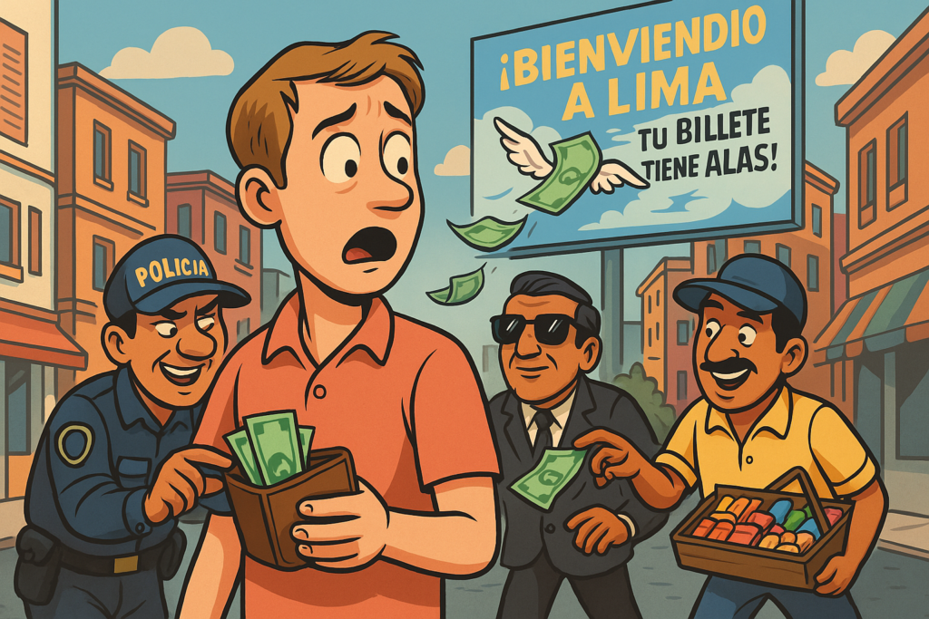 Een man met een Europese uitstraling staat verdwaasd in een druk straatbeeld van Lima, met open portemonnee. Achter hem sneakt een politieagent, een politicus met zonnebril en een straatverkoper allemaal tegelijkertijd richting zijn geld. In de verte een billboard met de tekst: “¡Bienvenido a Lima – Donde tu billete tiene alas!”