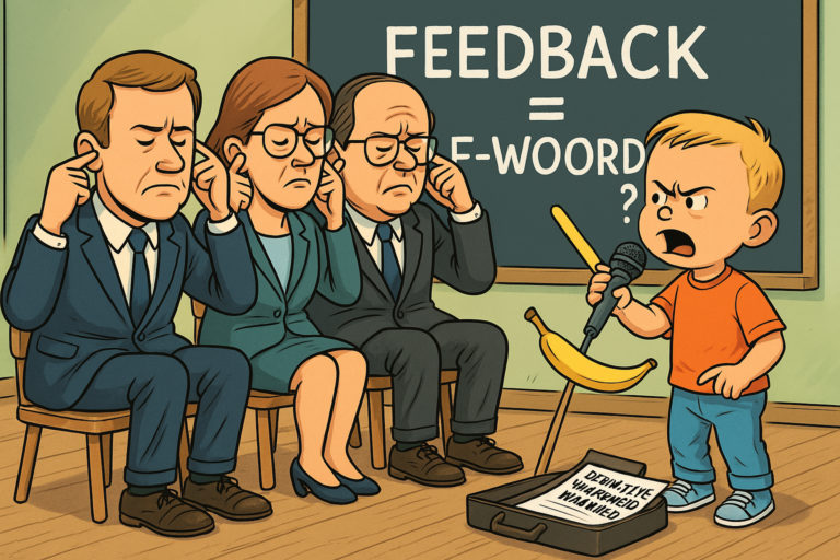 Cartoon van volwassenen die feedback van een kind weigeren te horen in een klaslokaal vol ironie