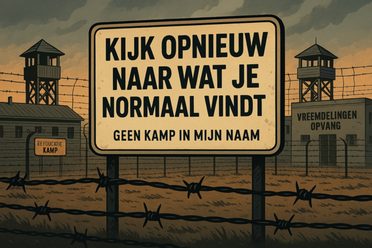 Illustratie in hyperrealistische cartoonstijl van een met prikkeldraad omheind kampterrein met wachttorens. In het midden staat een groot bord met de tekst: "KIJK OPNIEUW NAAR WAT JE NORMAAL VINDT – GEEN KAMP IN MIJN NAAM". Links staat een gebouw met het bordje "Heropvoedingskamp", rechts een gebouw met "Vreemdelingenopvang". De sfeer is somber en dreigend, met donkere wolken aan de lucht.