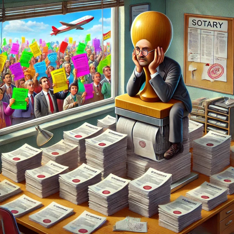 Cartoon van een verveelde notaris op een reusachtige stempel, terwijl kleurrijke ideeën over innovatie en participatie buiten blijven hangen tegen een bureaucratische muur.