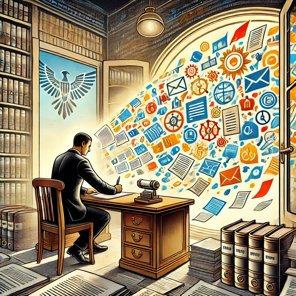 Illustratie van een notaris die een standaarddocument ondertekent, terwijl achter hem innovatieve, kleurrijke documenten door een open raam naar binnen waaien – symbolisch voor vernieuwing binnen het juridische veld.