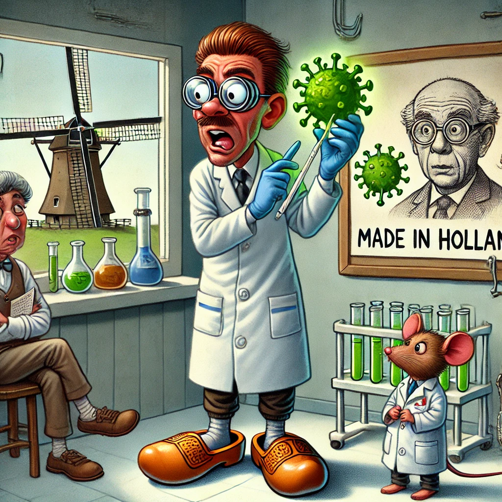 Een klassieke schildersezel met daarboven een canvas, waarop geen bloemen of molens, maar een virus met een gouden rand is afgebeeld. Een man met schilderspalet, in doktersjas met penseel, glimlacht trots. Op de achtergrond een lab met een bordje “Erasmus MC – Gallery of Virology”. Er hangt een spotlicht op het canvas met de titel: “SARS-CoV-2 – meesterwerk van de eeuw.”