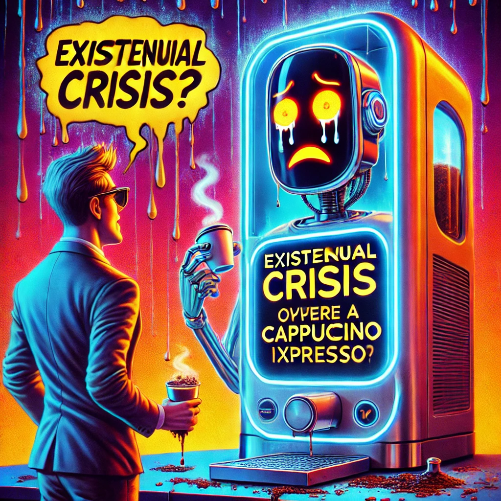 Een hyperrealistische cartoonstijl afbeelding van een futuristische koffiemachine met een scherm dat een existentiële crisis toont. De machine zweet en lijkt te twijfelen of hij een cappuccino moet maken. Een persoon staat erbij, grijnzend, met een slecht uitziende cappuccino in de hand.