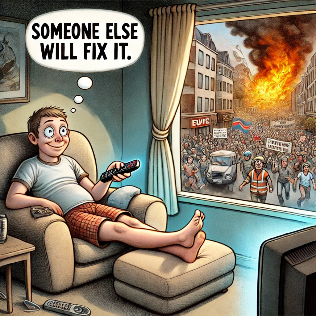 Cartoon van een persoon op een bank die de wereld negeert terwijl er buiten chaos is, met de gedachte: "Iemand anders lost het wel op."