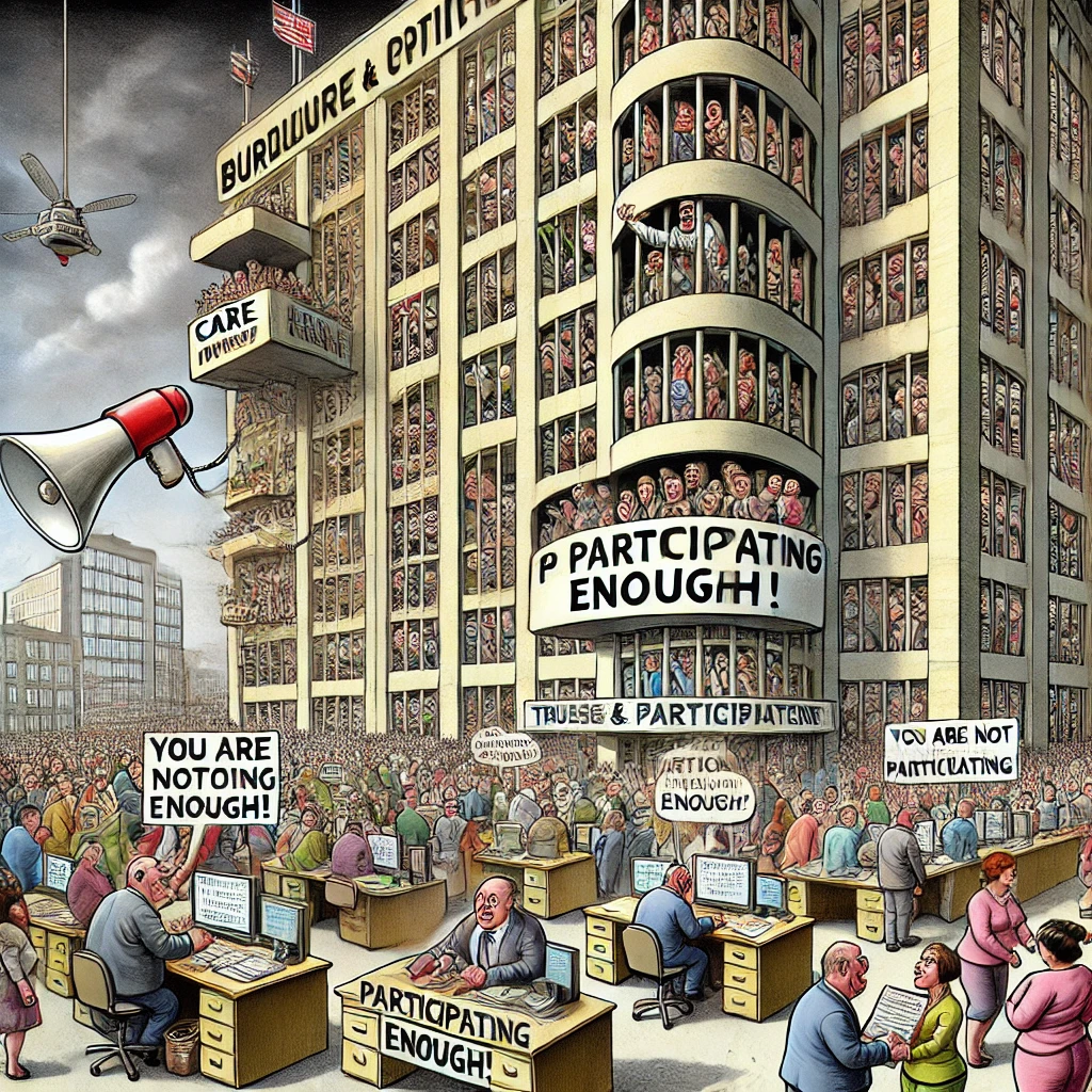 Een cartoon waarin een groot bureaucratisch kantoorgebouw wordt afgebeeld als een gevangenis, met mensen die proberen eruit te komen. Boven de ingang hangt een bord met “Zorg & Participatie,” terwijl een ambtenaar aan een bureau roept: "Jullie participeren niet genoeg!" Buiten staan mensen samen, omarmd, onder een bord: "Echte sociale waarden."