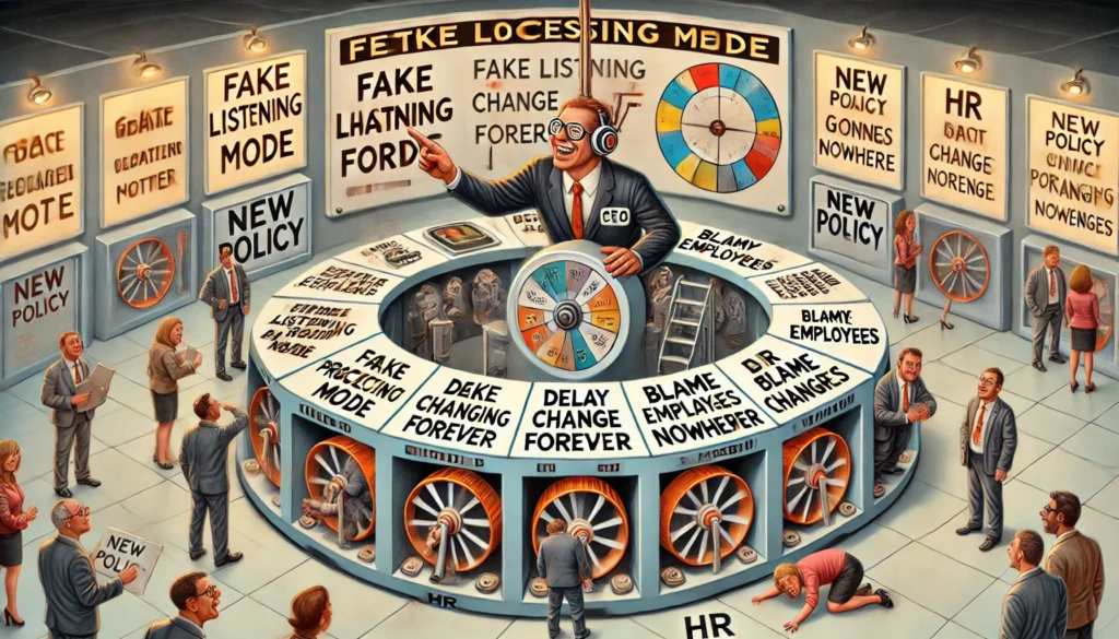 Een CEO staat achter een gigantisch controlepaneel met hendels zoals ‘Fake Listening Mode’, ‘Delay Change Forever’ en ‘Blame Employees’. Ondertussen rennen werknemers eindeloos rond in een bureaucratische hamsterloopband met het bord ‘Feedback Processing Center – Goes Nowhere’. Een PR-medewerker onthult trots een ‘Nieuwe Beleidsregel’ met daarop de tekst ‘Niets Verandert’.