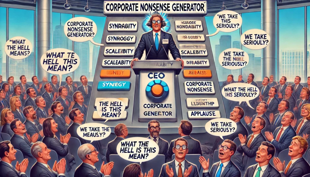 Een CEO staat achter een gigantisch controlepaneel met knoppen als ‘Synergie’, ‘Duurzame Groei’, en ‘Pragmatische Aanpak’. In de zaal zitten medewerkers met vragende gezichten, terwijl een tolk een bord omhoog houdt met ‘Wat betekent dit?’ en een PR-medewerker automatisch applaus afspeelt.