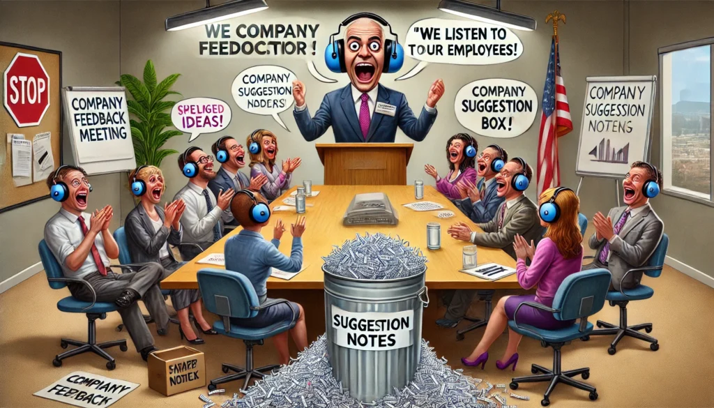 Een CEO zit aan het hoofd van een vergadertafel, overdreven knikkend terwijl hij gigantische noise-canceling koptelefoons draagt. Werknemers presenteren enthousiast ideeën, maar hun woorden verdwijnen in een papierversnipperaar met het label ‘Meeting Notes’. Op de achtergrond staat een PR-medewerker trots naast een bord met ‘We luisteren naar onze mensen!’.