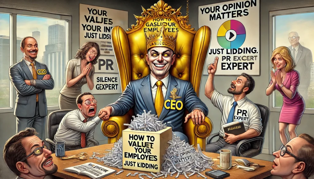 Een CEO zit op een absurd grote gouden troon, met een boek getiteld ‘Hoe Je Werknemers Gaslight’ in zijn handen. Een medewerker probeert te klagen bij een suggestiedoos, die stiekem een papierversnipperaar blijkt te zijn. Ondertussen wordt een andere werknemer gehypnotiseerd door een ronddraaiend bord ‘We luisteren naar jou!’, terwijl een PR-manager de CEO feliciteert met zijn ‘perfecte bedrijfscultuur’.