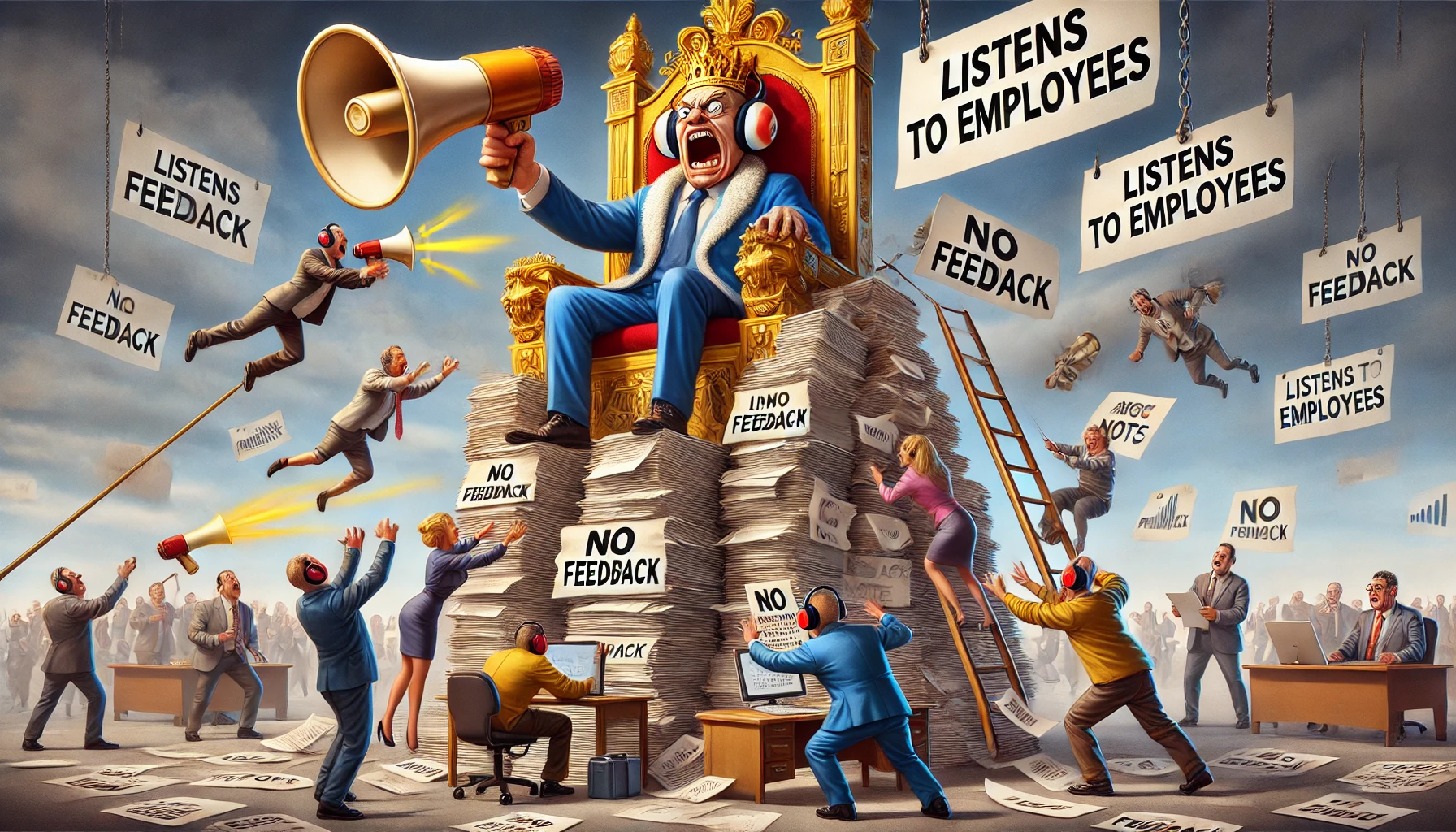 Een hyperrealistische cartoon toont een CEO met een piepkroontje, gezeten op een gigantische troon die balanceert op een wankele stapel bureaucratische documenten. Onderaan proberen werknemers op absurde manieren feedback te geven—met een megafon, een katapult en zelfs een hengel—terwijl de CEO hen negeert, gewapend met een gigantisch 'NO FEEDBACK' bord en ruisonderdrukkende koptelefoon. Een secretaresse noteert ironisch ‘luistert naar medewerkers’ op een PR-rapport, terwijl chaos de werkvloer overneemt.