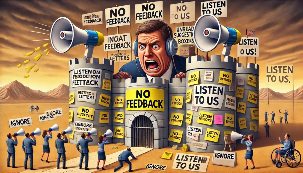 Een CEO verstopt zich in een gigantisch fort gemaakt van afwijzingsbrieven, ‘NO FEEDBACK’-schermen en ongelezen suggestiedozen. Buiten proberen wanhopige werknemers met megafoons en katapults vol post-its hem te bereiken, terwijl hij zwetend achter een piepklein kijkgat zit met een grote rode ‘IGNORE’-knop in zijn hand.