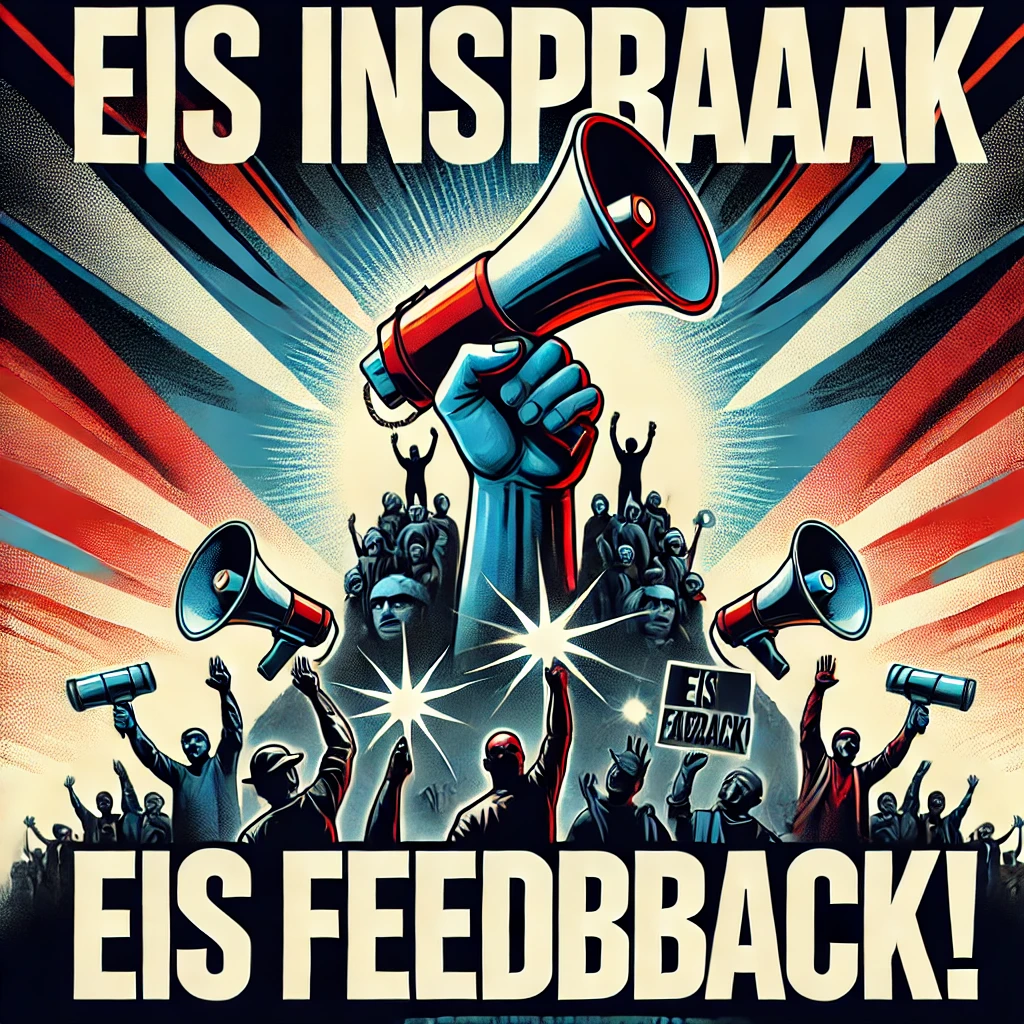 Een krachtige actieposter met de slogan "Eis Inspraak, Eis Feedback!" in grote, gedurfde letters. Op de achtergrond zijn silhouetten van mensen te zien die megafonen en protestborden omhoog houden, terwijl fel licht schijnt op een afbrokkelende hiërarchische toren. De kleuren zijn dynamisch en contrastrijk, wat een gevoel van urgentie en empowerment creëert.