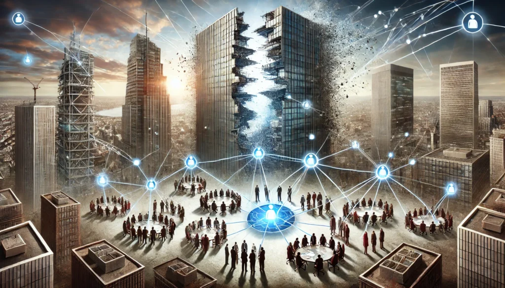 Een dynamische scène toont een wolkenkrabber die symbool staat voor de oude hiërarchie en begint te barsten, terwijl moderne structuren eromheen groeien. Op de voorgrond vormen diverse groepen mensen hun eigen besluitvormingscirkels, verbonden door bruggen van vertrouwen en samenwerking. De oude machtsstructuur brokkelt af, terwijl nieuwe, inclusieve systemen wortel schieten, wat de evolutie van governance symboliseert.