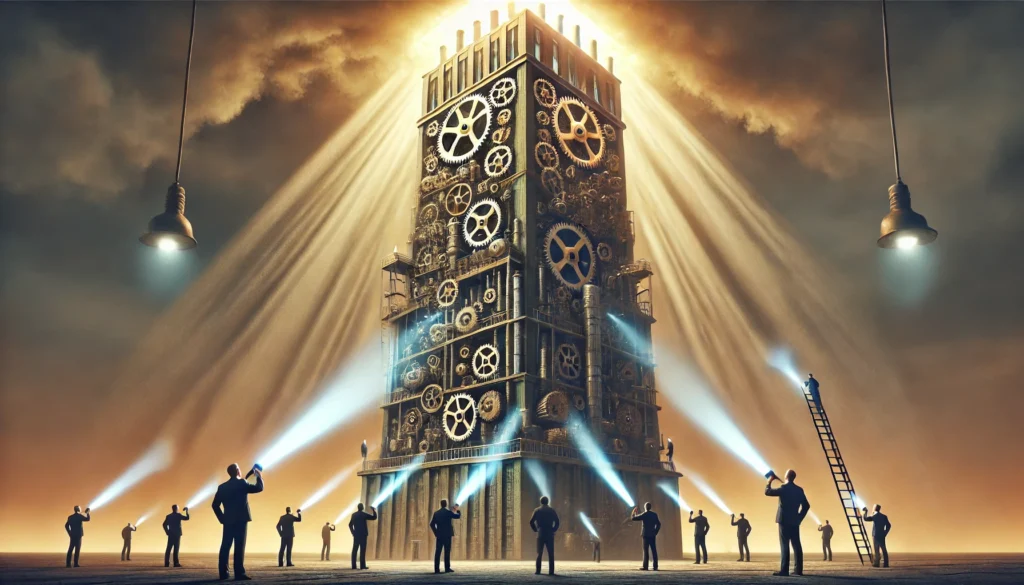 Een surrealistische weergave van verborgen machtsstructuren. Een grote, dreigende hiërarchische toren staat centraal, met een fel licht dat van onderaf schijnt en de verborgen controlemechanismen binnenin onthult. Werknemers aan de basis richten zaklampen omhoog, waardoor geheime tandwielen en structuren zichtbaar worden die de organisatie manipuleren. De leider aan de top kijkt nerveus terwijl hun verborgen autoriteit wordt ontmaskerd.