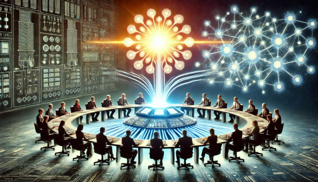 Een futuristische illustratie die het contrast toont tussen gecentraliseerde besluitvorming en collectieve intelligentie. Links zit een kleine groep bestuurders achter een high-tech controlepaneel, waarbij ze een systeem manipuleren zonder input van anderen. Rechts is een digitaal netwerk van onderling verbonden individuen die ideeën uitwisselen, waardoor een web van collectieve intelligentie ontstaat. Een heldere energieflow benadrukt de kracht van gedecentraliseerd denken.