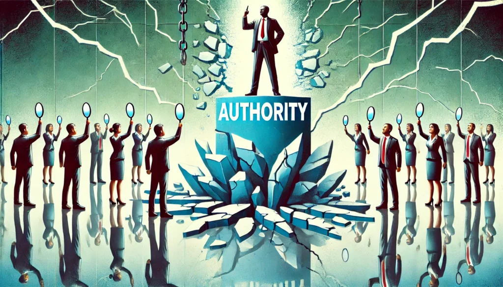 Een abstracte illustratie toont een bedrijfsleider die op een podium staat met het label 'autoriteit', terwijl er scheuren ontstaan in de fundering. Onder hem houden medewerkers spiegels omhoog die de fouten en inefficiënties in zijn beslissingen weerspiegelen. De leider kijkt geschokt terwijl zijn illusie van absolute macht begint af te brokkelen. De achtergrond symboliseert transparantie en verandering.