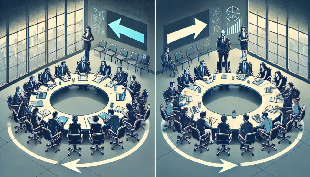 Een split-screen illustratie toont twee tegengestelde leiderschapsstijlen. Links een formele, starre bestuurskamer waarin een enkele leider bevelen geeft aan een lange tafel vol zwijgende ondergeschikten. Rechts een open, dynamische werkruimte waar een divers team in een cirkel samenwerkt en ideeën uitwisselt. Pijlen geven de verschuiving weer van top-down management naar interactieve samenwerking.
