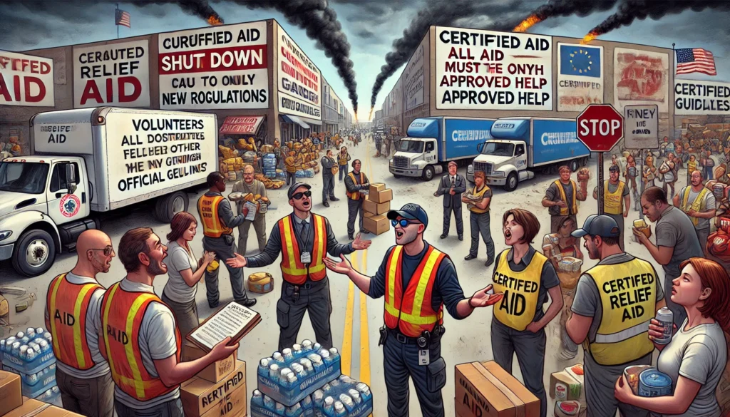 Een satirische, hyperrealistische cartoon over hoe bureaucratische regels spontane hulpverlening in een rampgebied tegenwerken.