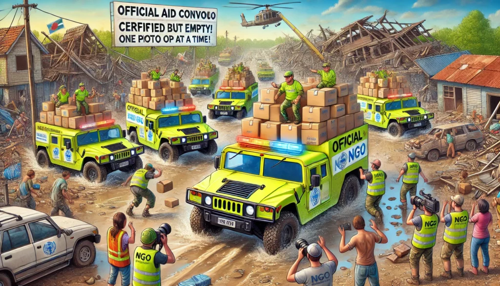 Een satirische, hyperrealistische cartoon van een konvooi felgekleurde NGO-voertuigen die met hoge snelheid door een rampgebied rijden, gevuld met lege dozen, terwijl slachtoffers machteloos toekijken.