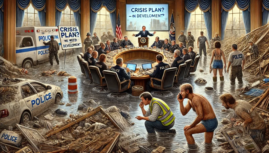 Een satirische, hyperrealistische cartoon van een rampgebied met overstromingen, waar bureaucratie en politieke besluitvorming de effectieve hulpverlening hinderen.